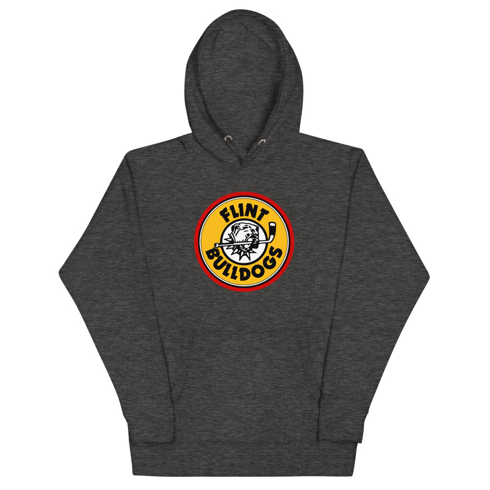 Flint Bulldogs Hoodie (Premium) with the round yellow and red bulldog logo on the front, view 3
