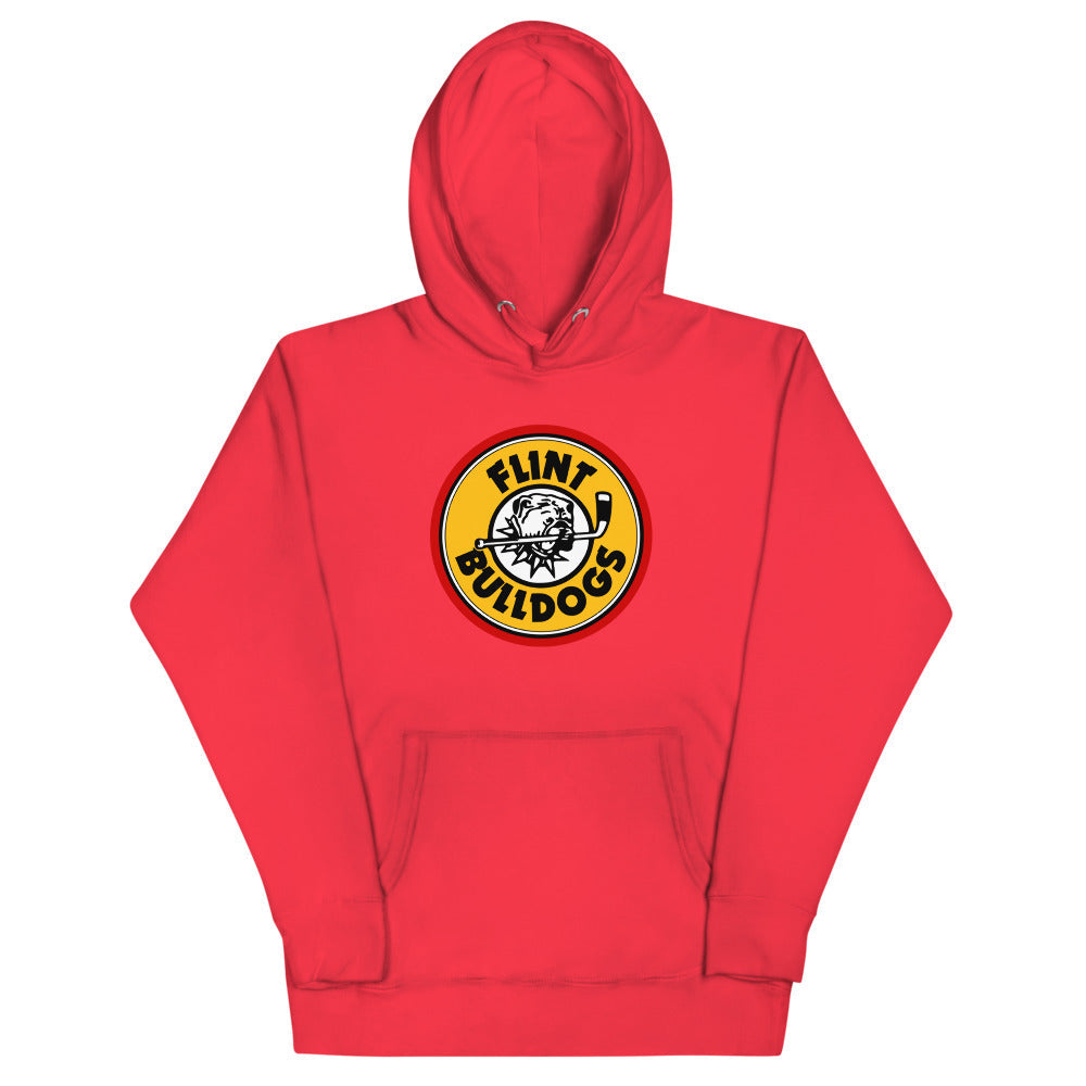 Flint Bulldogs Hoodie (Premium) with the round yellow and red bulldog logo on the front, view 4