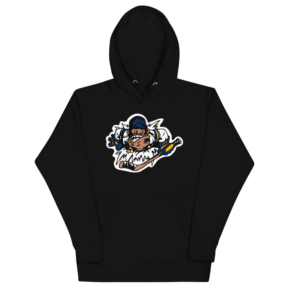 Flint Generals 1990s Hoodie (Premium) with the cartoon general mascot with a hockey stick on the front