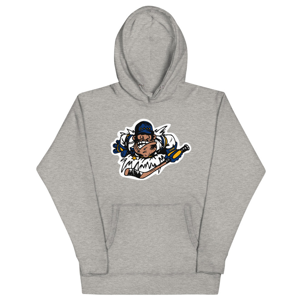 Flint Generals 1990s Hoodie (Premium) with the cartoon general mascot with a hockey stick on the front, view 4