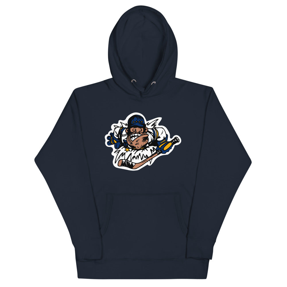 Flint Generals 1990s Hoodie (Premium) with the cartoon general mascot with a hockey stick on the front, view 2