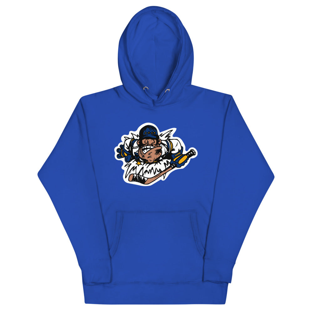 Flint Generals 1990s Hoodie (Premium) with the cartoon general mascot with a hockey stick on the front, view 3
