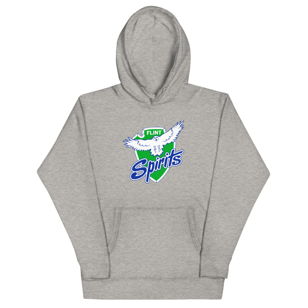 Flint Spirits Hoodie (Premium) with the white eagle over a green shield and blue script on the front