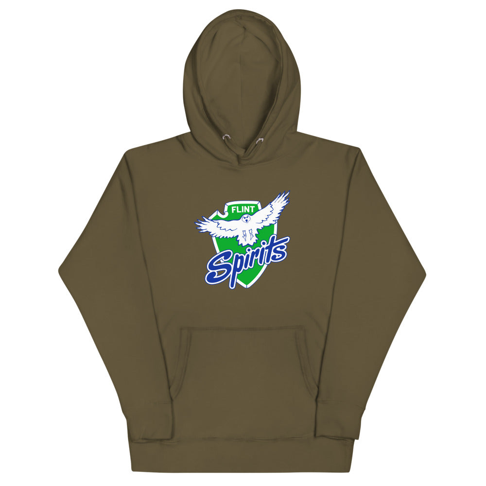 Flint Spirits Hoodie (Premium) with the white eagle over a green shield and blue script on the front, view 2