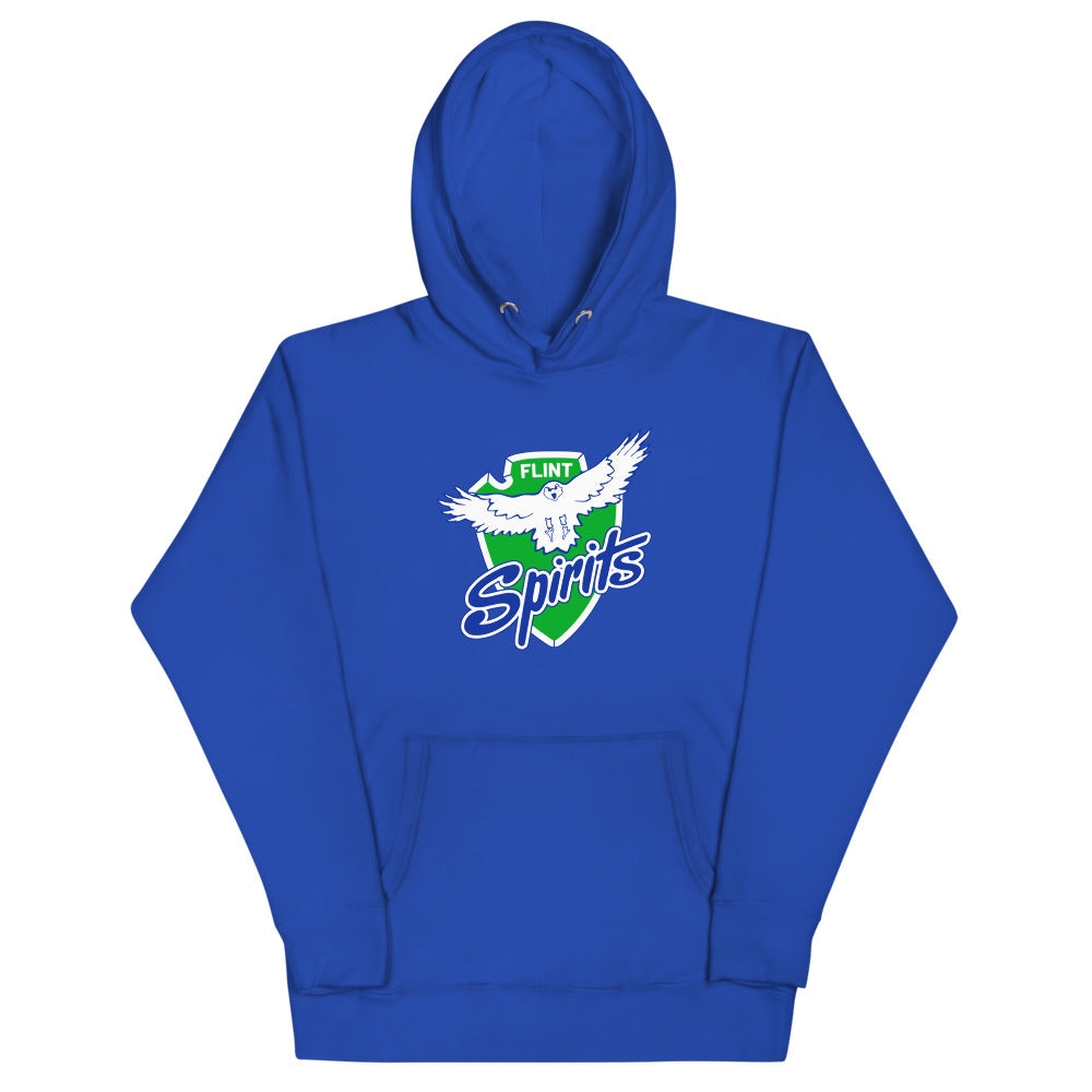 Flint Spirits Hoodie (Premium) with the white eagle over a green shield and blue script on the front, view 3