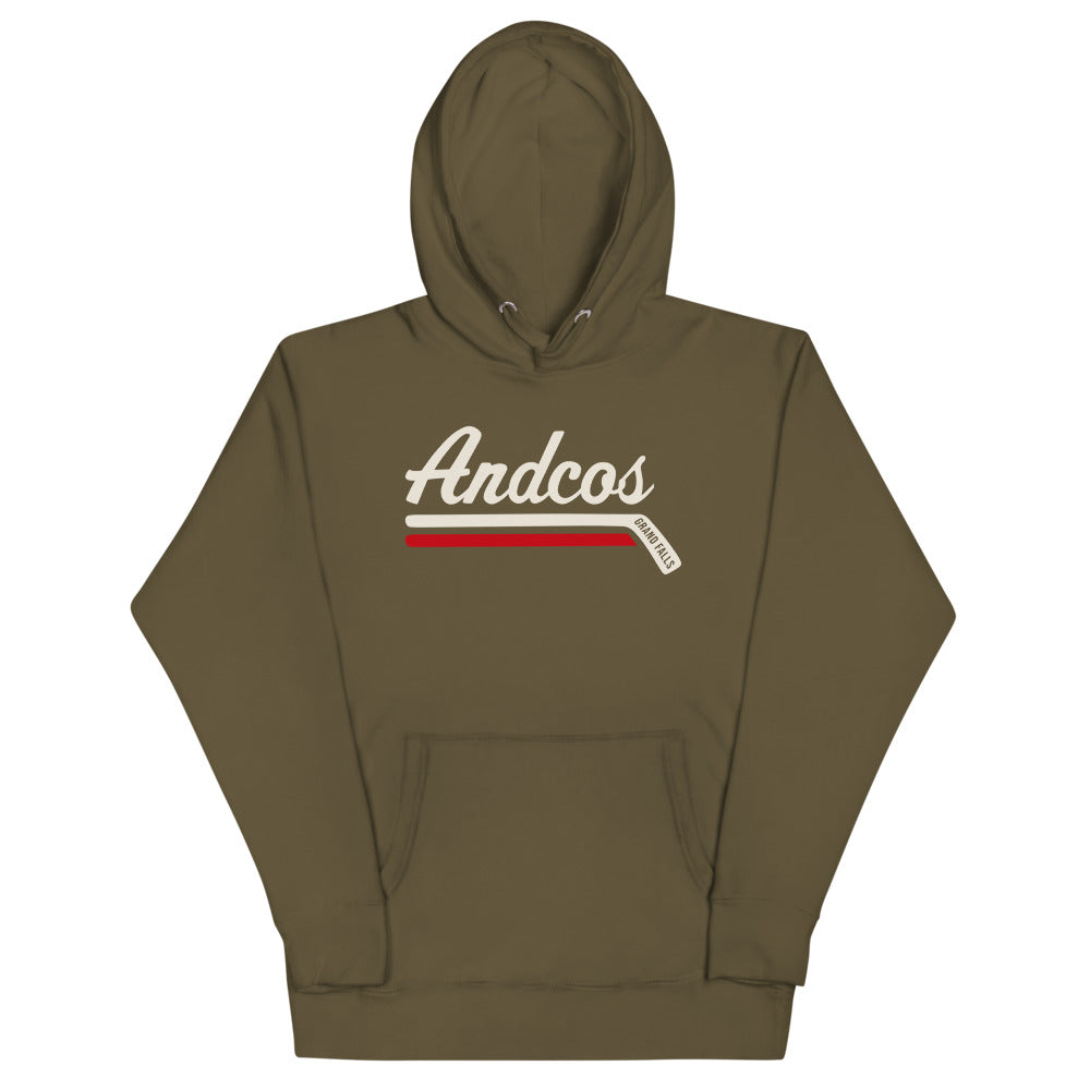 Grand Falls Andcos Hoodie (Premium) with the cream script over a red hockey stick stripe on the front