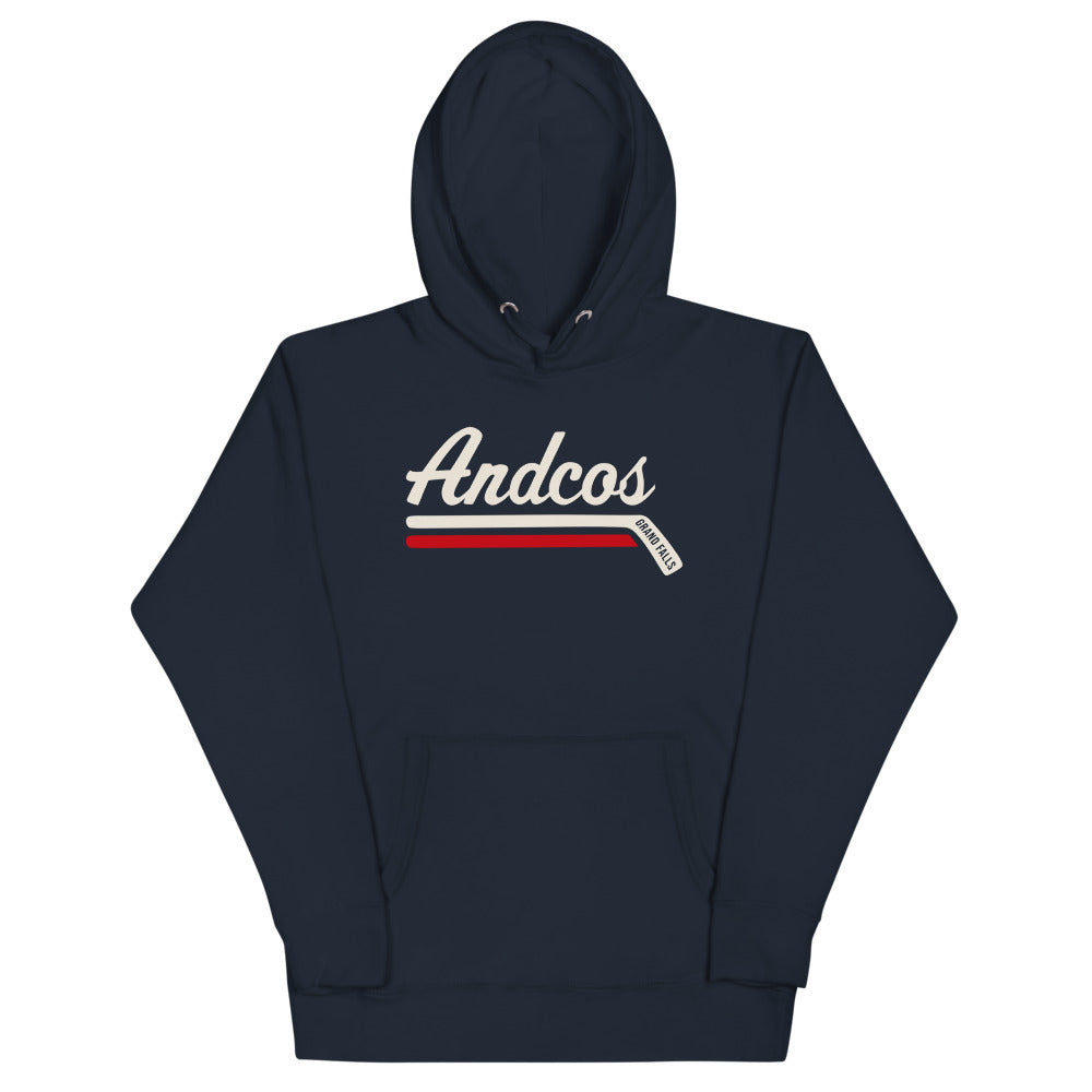 Grand Falls Andcos Hoodie (Premium) with the cream script over a red hockey stick stripe on the front, view 2