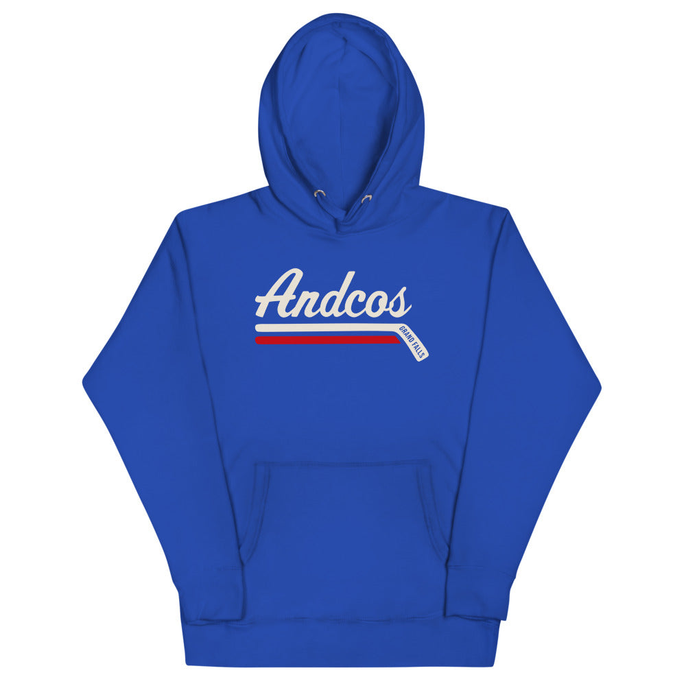 Grand Falls Andcos Hoodie (Premium) with the cream script over a red hockey stick stripe on the front, view 3