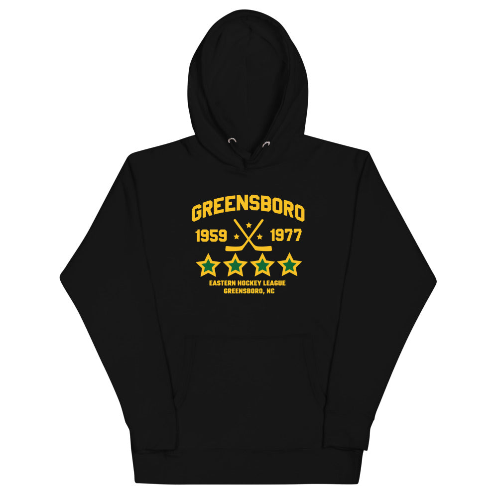 Greensboro Hockey Club Hoodie (Premium) with the gold lettering with crossed sticks and green stars on the front, view 5