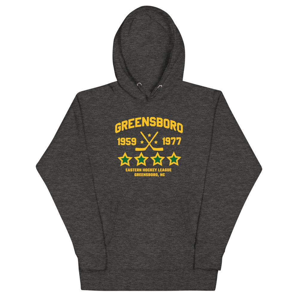 Greensboro Hockey Club Hoodie (Premium) with the gold lettering with crossed sticks and green stars on the front, view 2