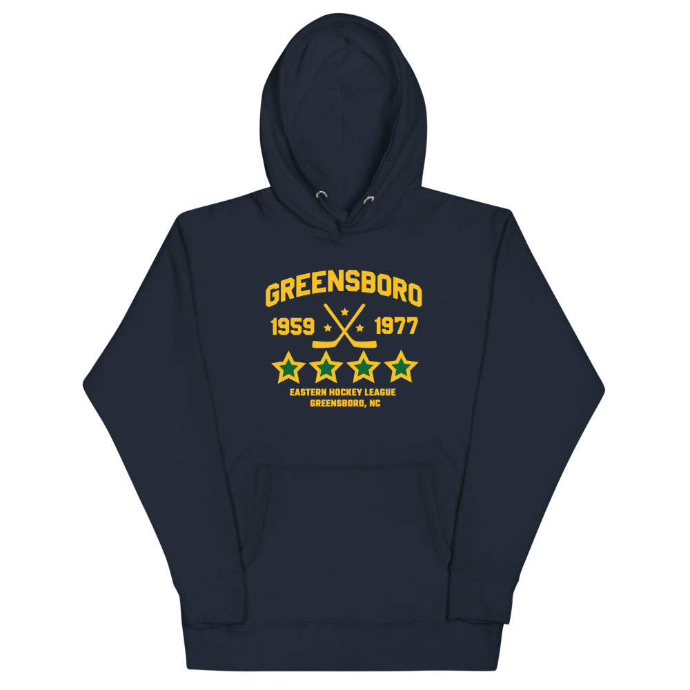 Greensboro Hockey Club Hoodie (Premium) with the gold lettering with crossed sticks and green stars on the front, view 7