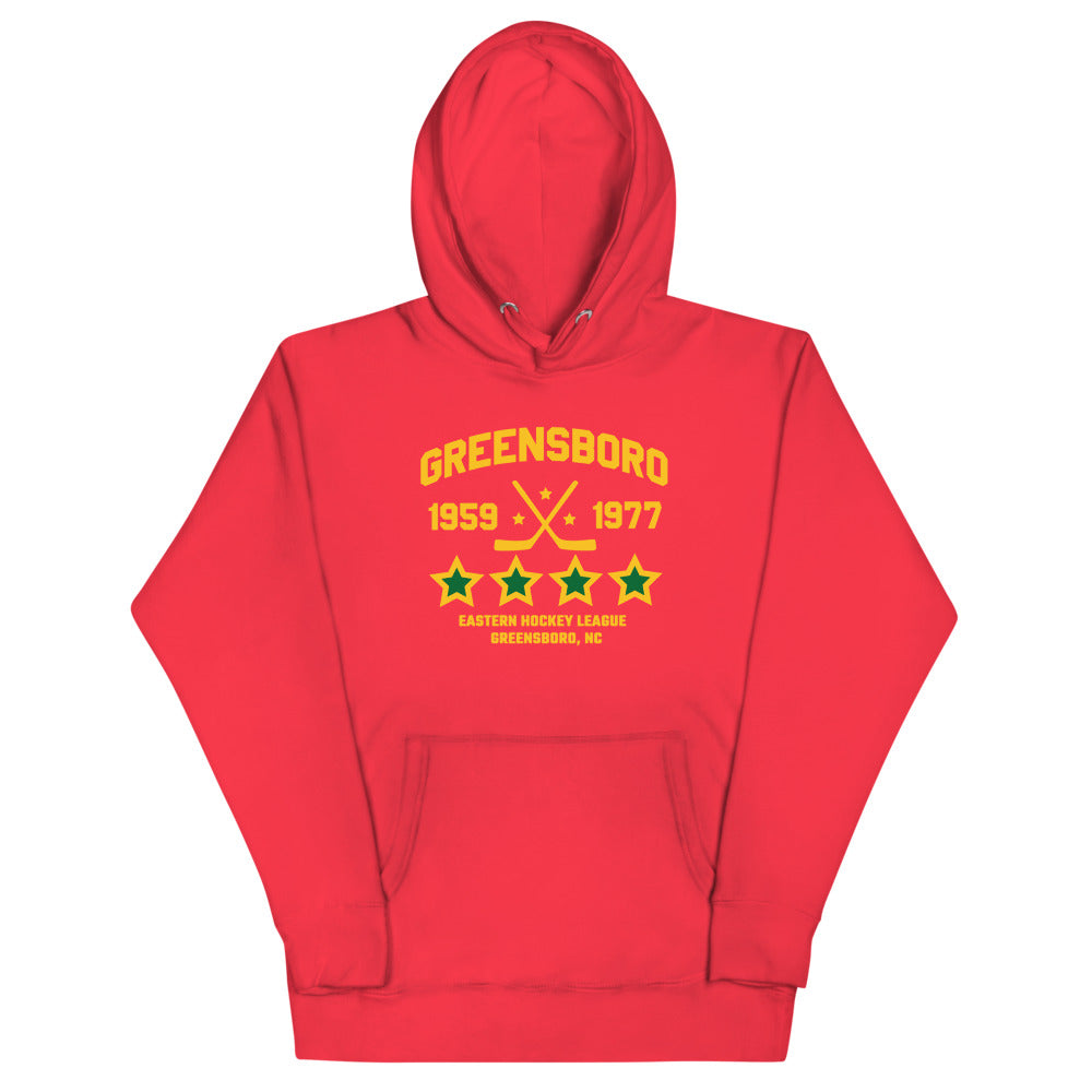 Greensboro Hockey Club Hoodie (Premium) with the gold lettering with crossed sticks and green stars on the front, view 6