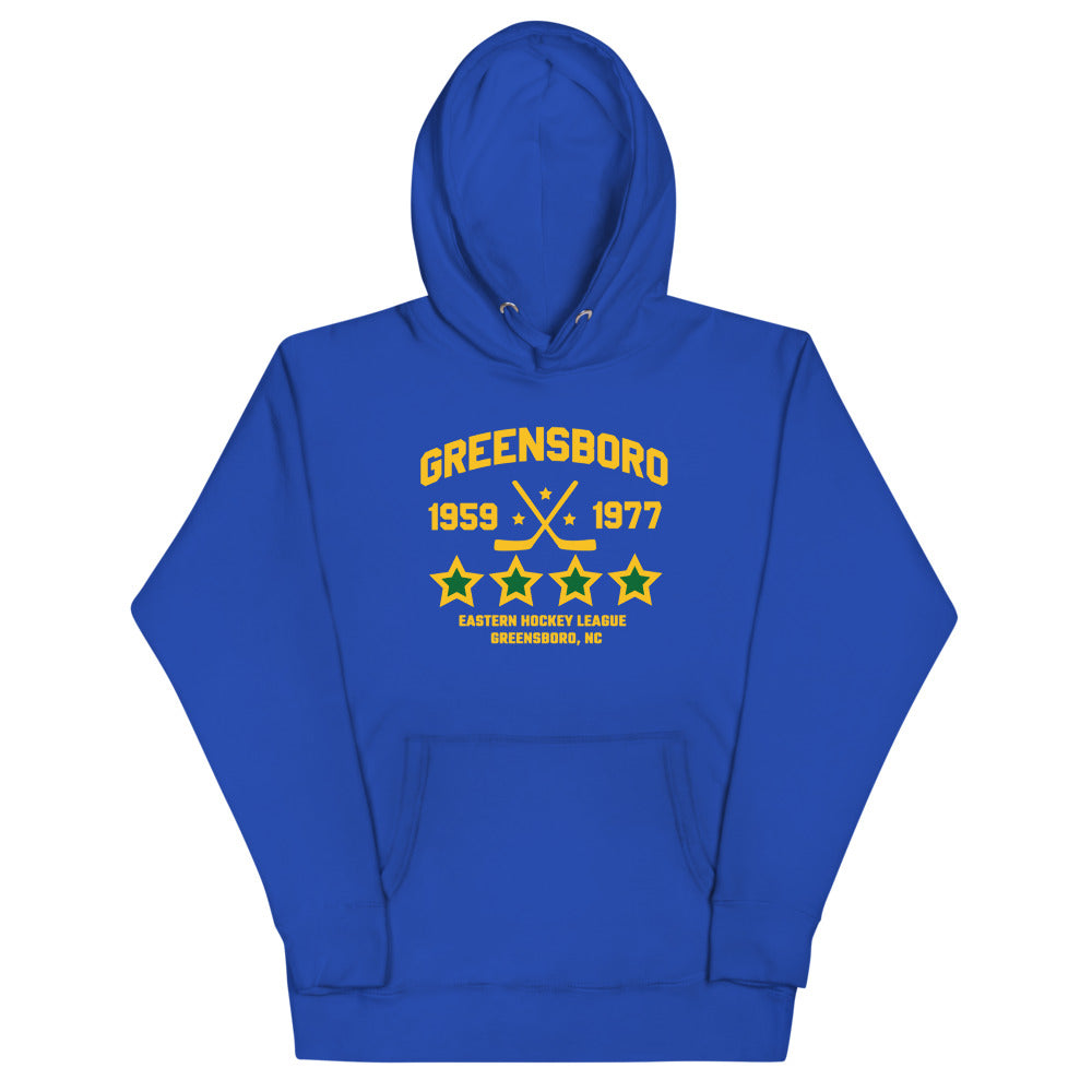 Greensboro Hockey Club Hoodie (Premium) with the gold lettering with crossed sticks and green stars on the front, view 3