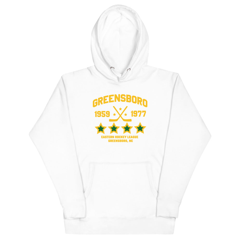 Greensboro Hockey Club Hoodie (Premium) with the gold lettering with crossed sticks and green stars on the front, view 4