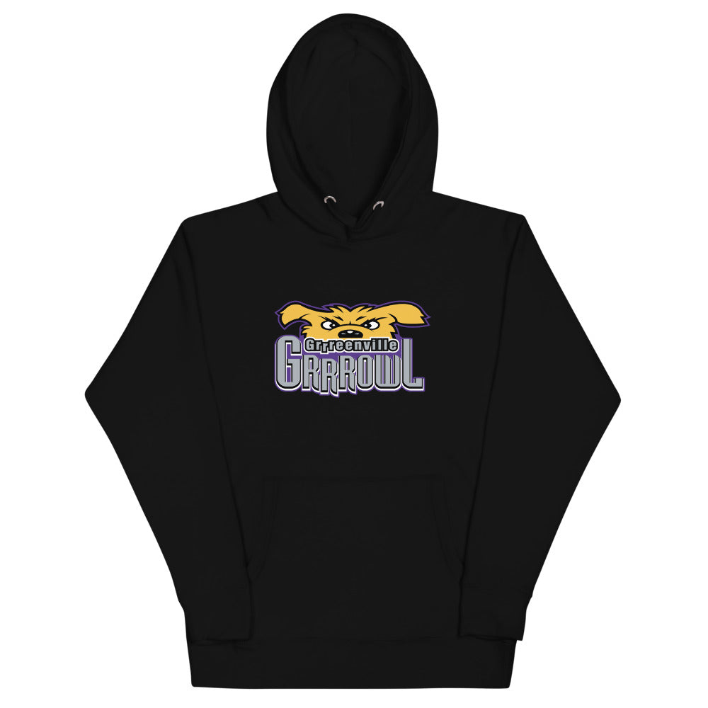 Greenville Grrrowl Hoodie (Premium) with the snarling gold cat head over purple lettering on the front