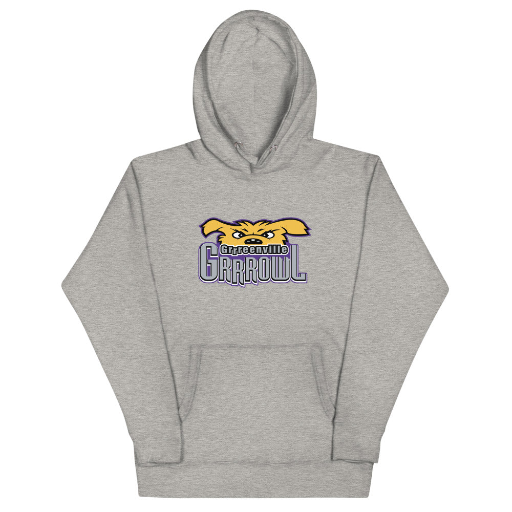 Greenville Grrrowl Hoodie (Premium) with the snarling gold cat head over purple lettering on the front, view 3