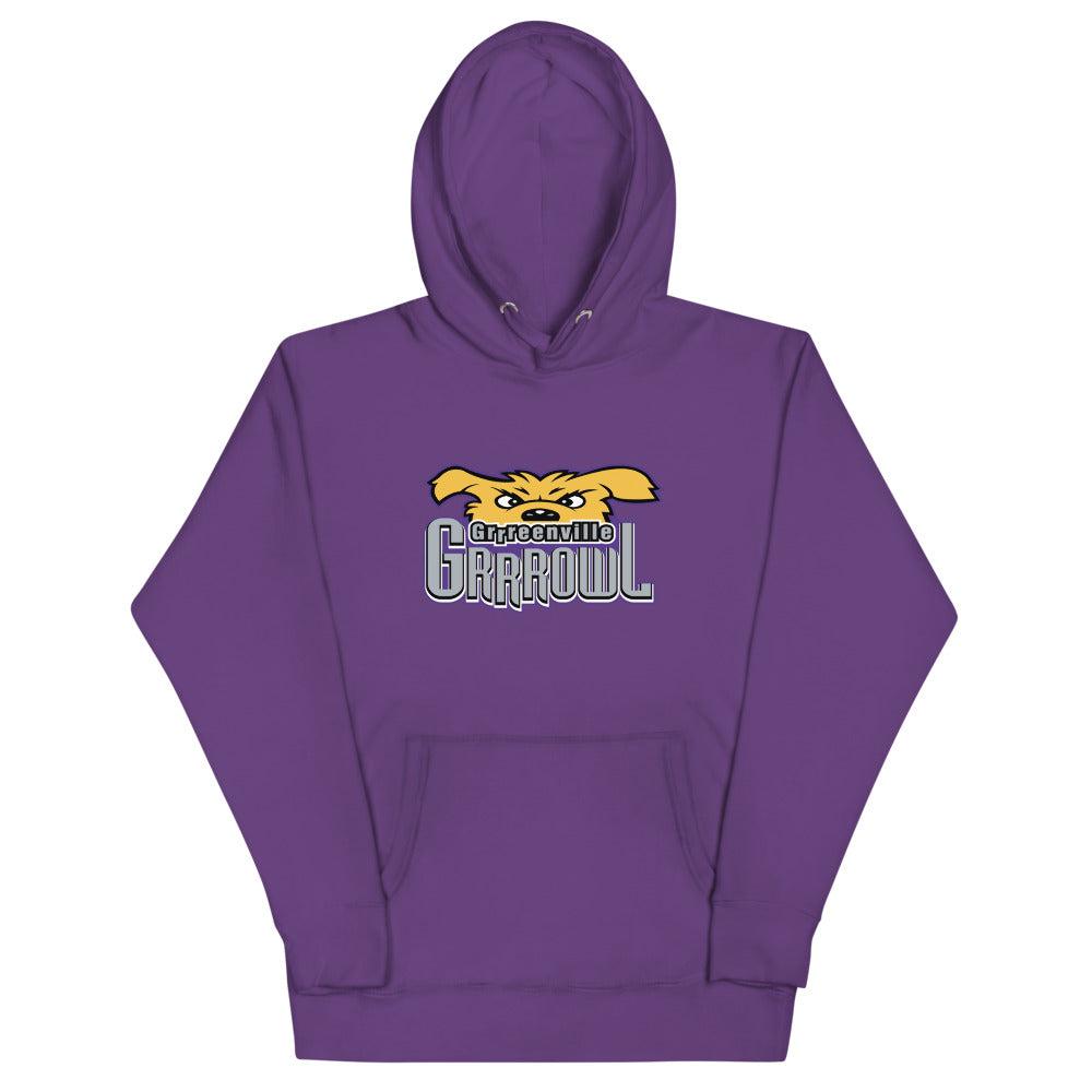 Greenville Grrrowl Hoodie (Premium) with the snarling gold cat head over purple lettering on the front, view 2
