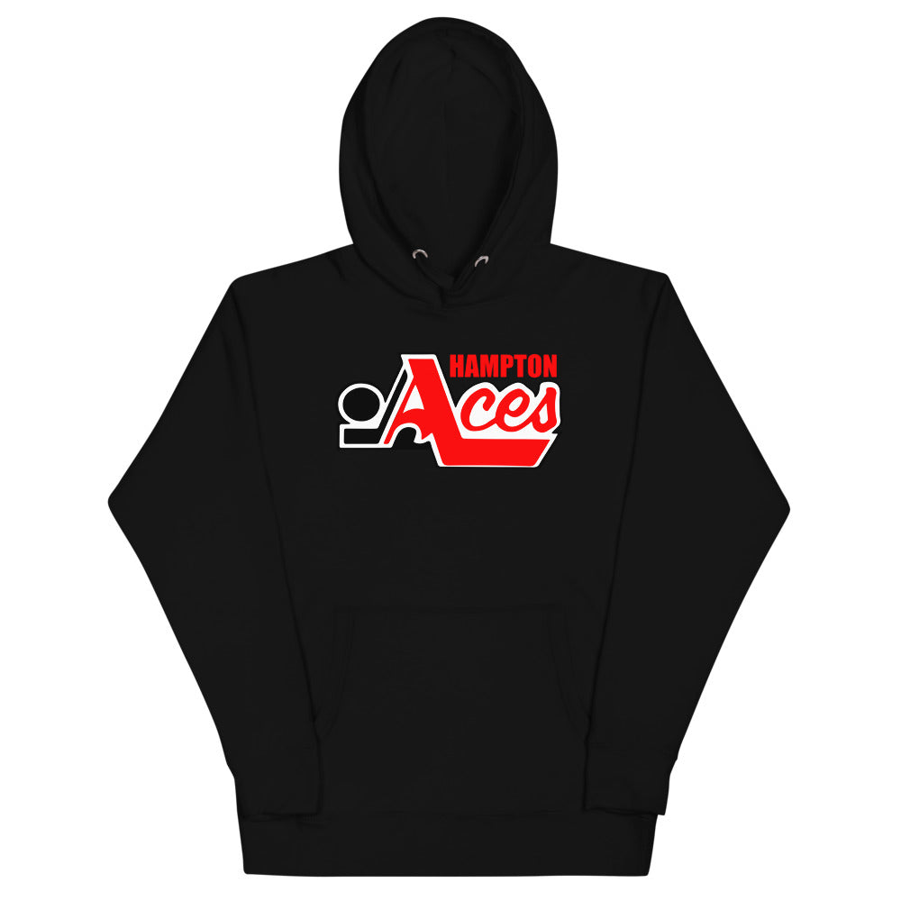 Hampton Aces Hoodie (Premium) with the red script with a black puck and blue lettering on the front, view 5