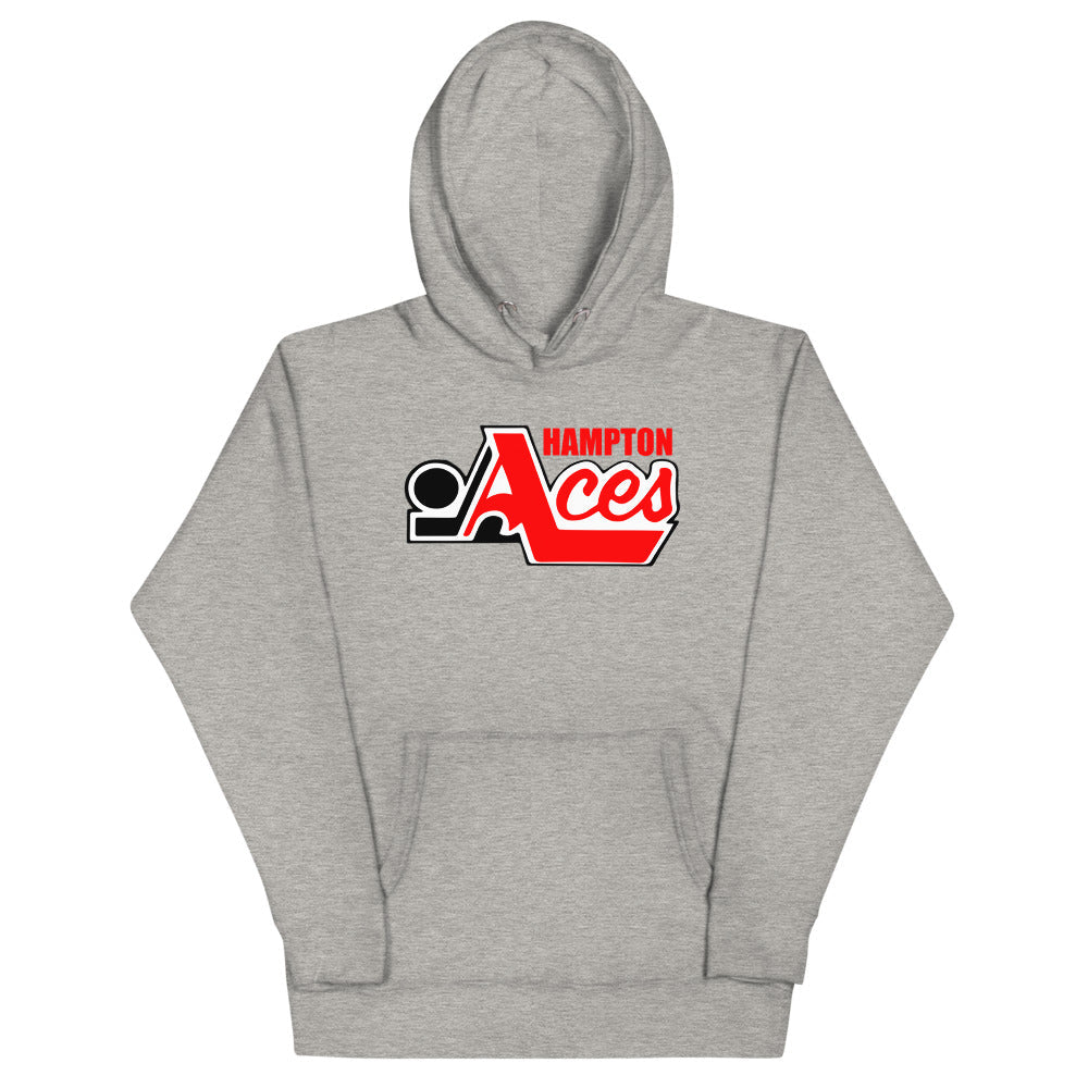Hampton Aces Hoodie (Premium) with the red script with a black puck and blue lettering on the front, view 2