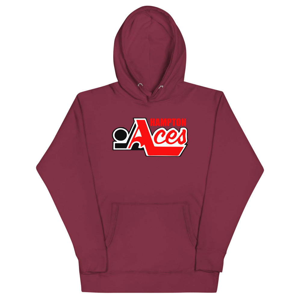 Hampton Aces Hoodie (Premium) with the red script with a black puck and blue lettering on the front, view 4
