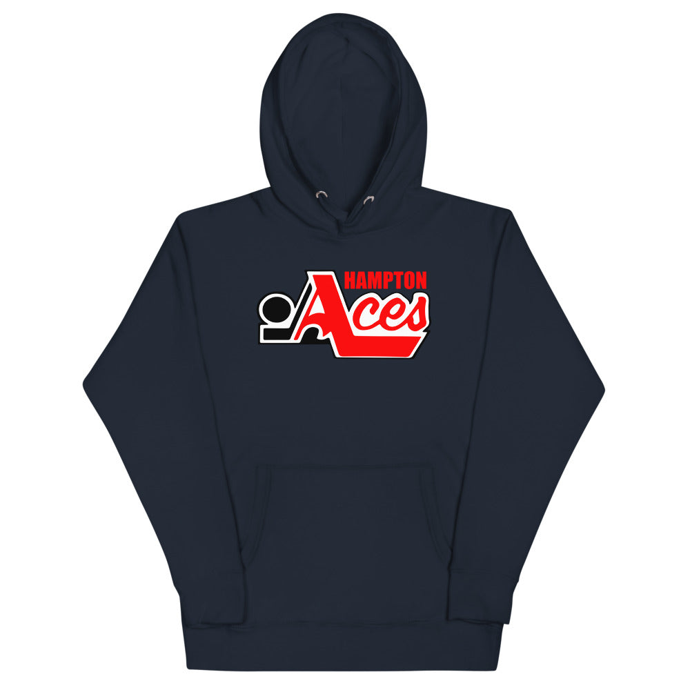 Hampton Aces Hoodie (Premium) with the red script with a black puck and blue lettering on the front, view 6