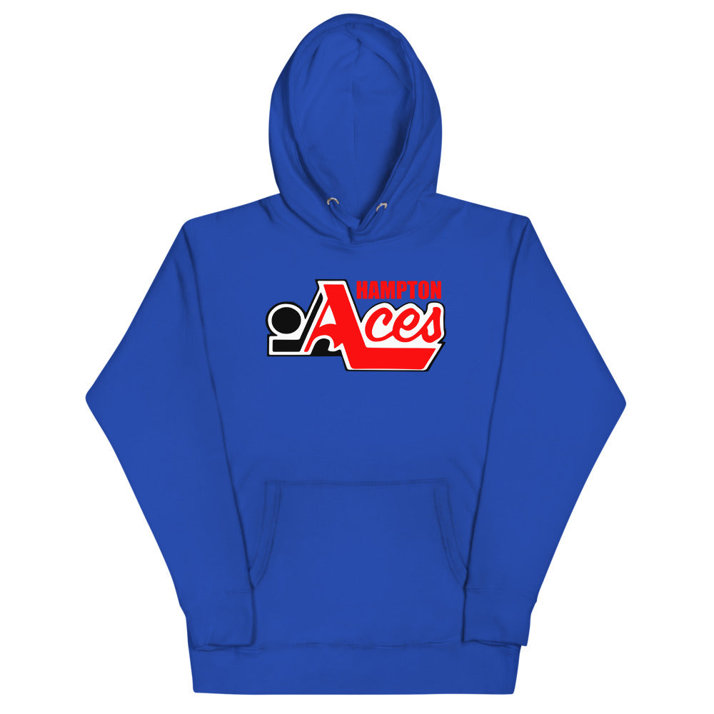 Hampton Aces Hoodie (Premium) with the red script with a black puck and blue lettering on the front