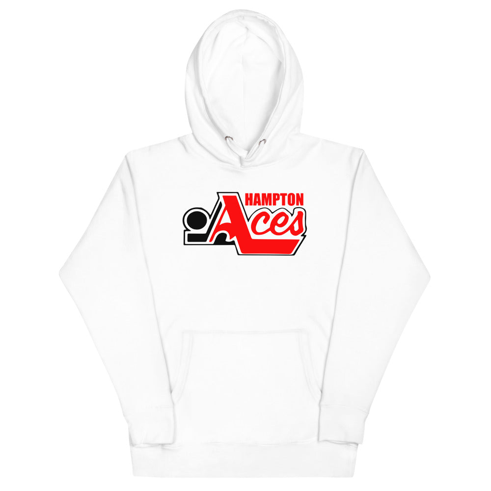 Hampton Aces Hoodie (Premium) with the red script with a black puck and blue lettering on the front, view 3