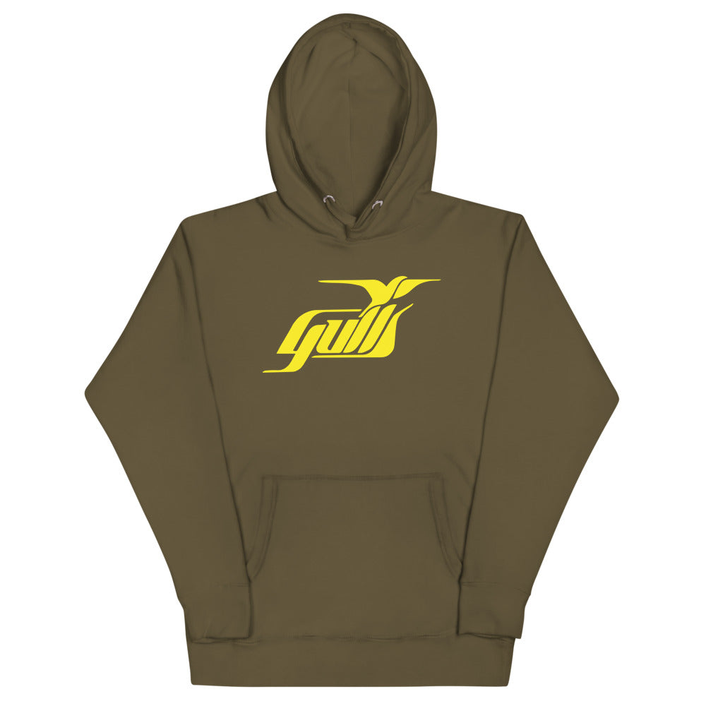 Hampton Gulls Yellow Design Hoodie (Premium) with the yellow gull script logo on the front, view 2