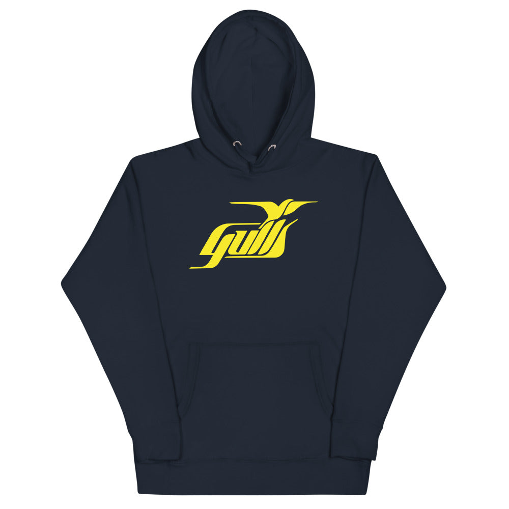 Hampton Gulls Yellow Design Hoodie (Premium) with the yellow gull script logo on the front, view 5