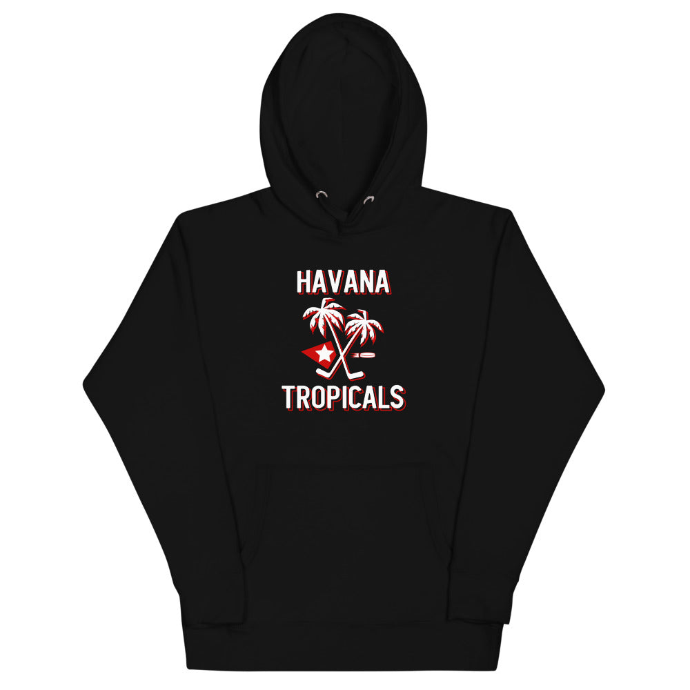 Havana Tropicals Palm Hoodie (Premium) with the white palm trees with crossed sticks and a star on the front, view 3