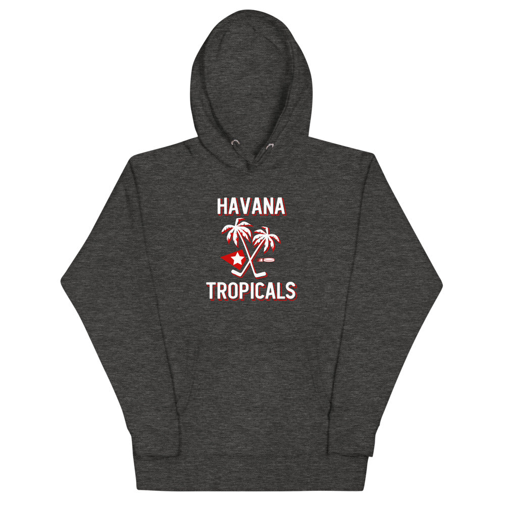Havana Tropicals Palm Hoodie (Premium) with the white palm trees with crossed sticks and a star on the front, view 2