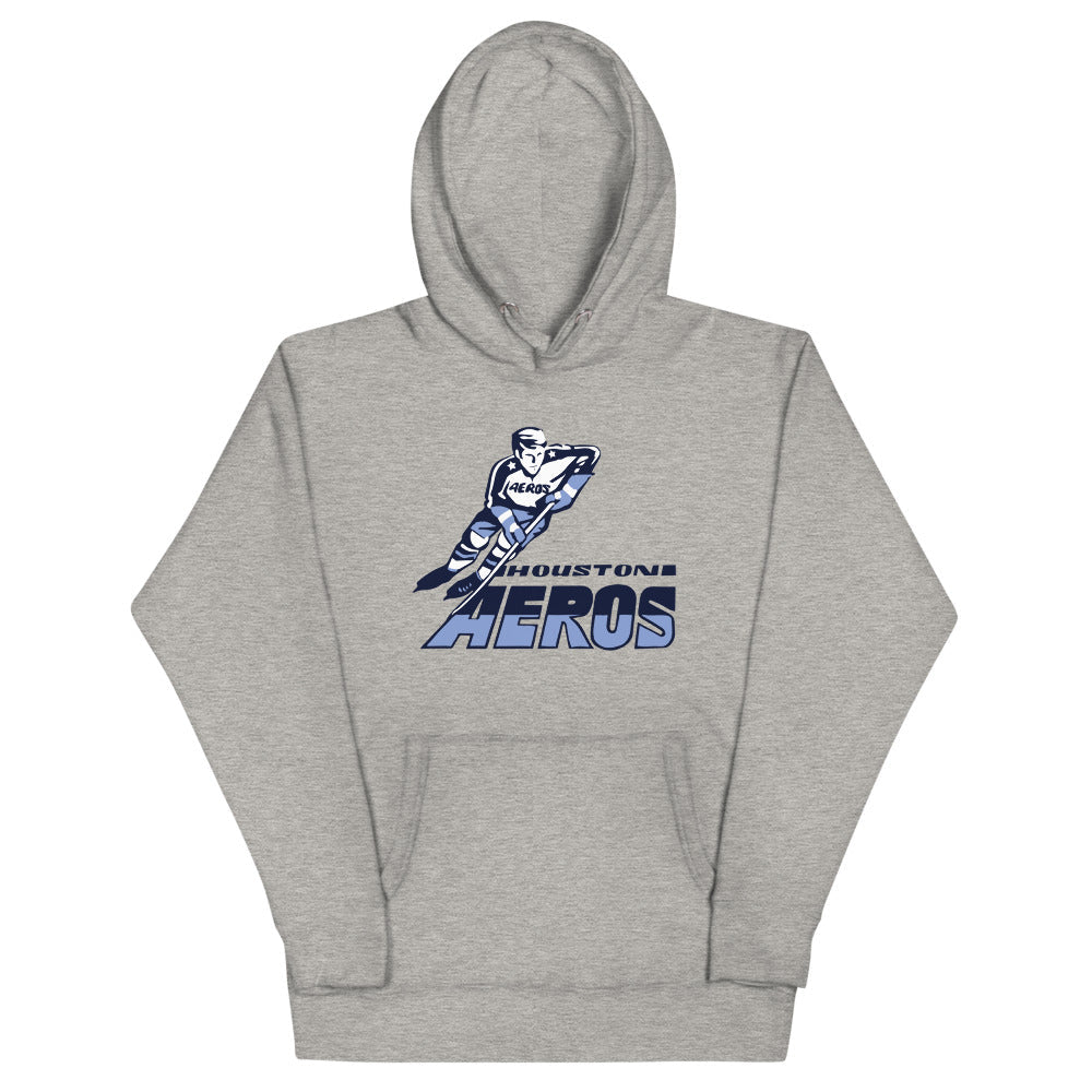 Houston Aeros 1970s Hoodie (Premium) with the skater streaking over blue italic lettering on the front