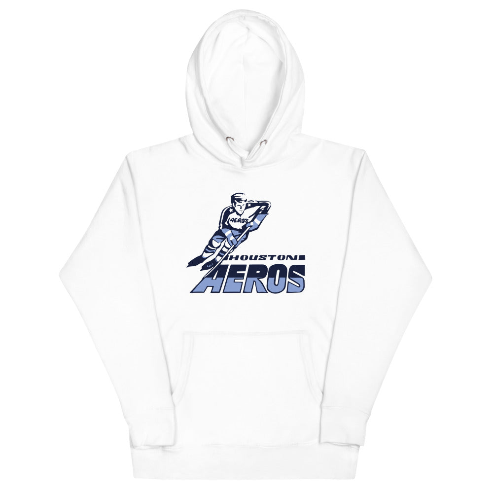 Houston Aeros 1970s Hoodie (Premium) with the skater streaking over blue italic lettering on the front, view 2