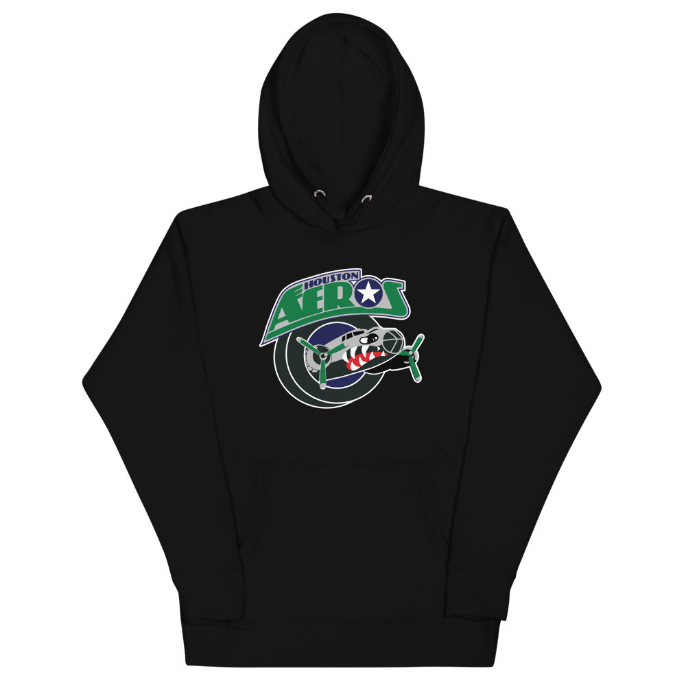 Houston Aeros 1990s Hoodie (Premium) with the green wordmark over a vintage fighter plane on the front, view 2