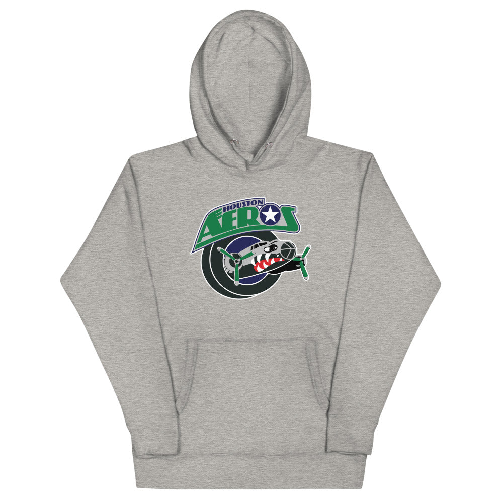 Houston Aeros 1990s Hoodie (Premium) with the green wordmark over a vintage fighter plane on the front, view 3