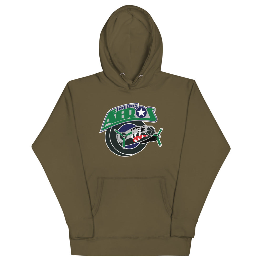 Houston Aeros 1990s Hoodie (Premium) with the green wordmark over a vintage fighter plane on the front