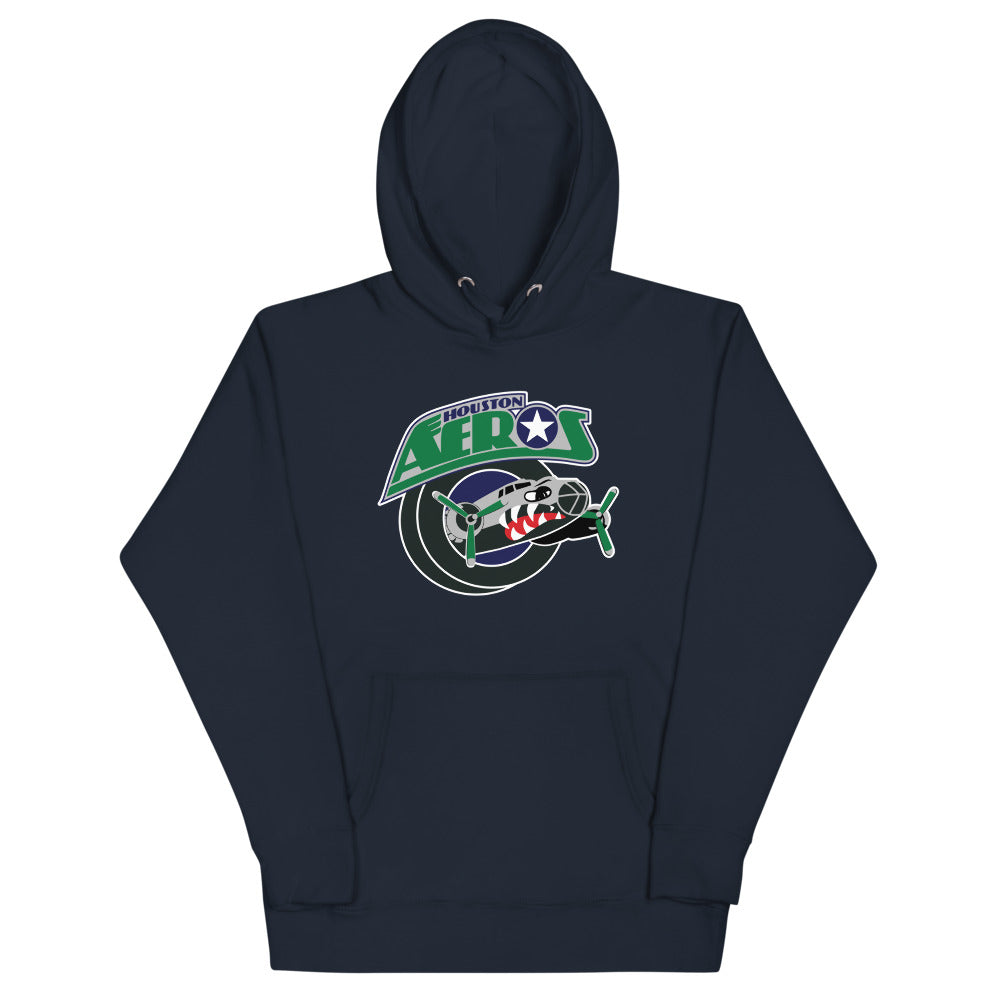Houston Aeros 1990s Hoodie (Premium) with the green wordmark over a vintage fighter plane on the front, view 4