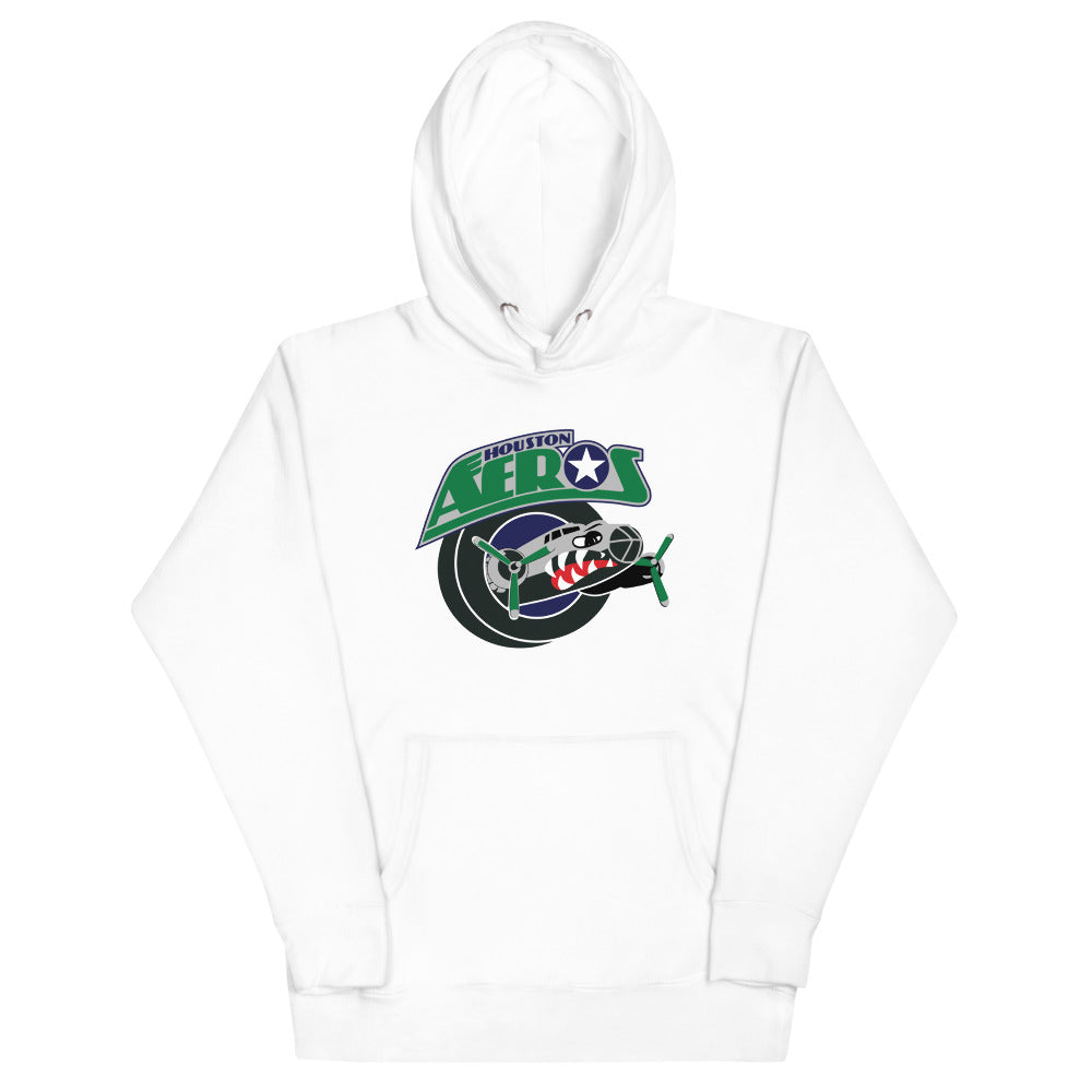 Houston Aeros 1990s Hoodie (Premium) with the green wordmark over a vintage fighter plane on the front, view 5