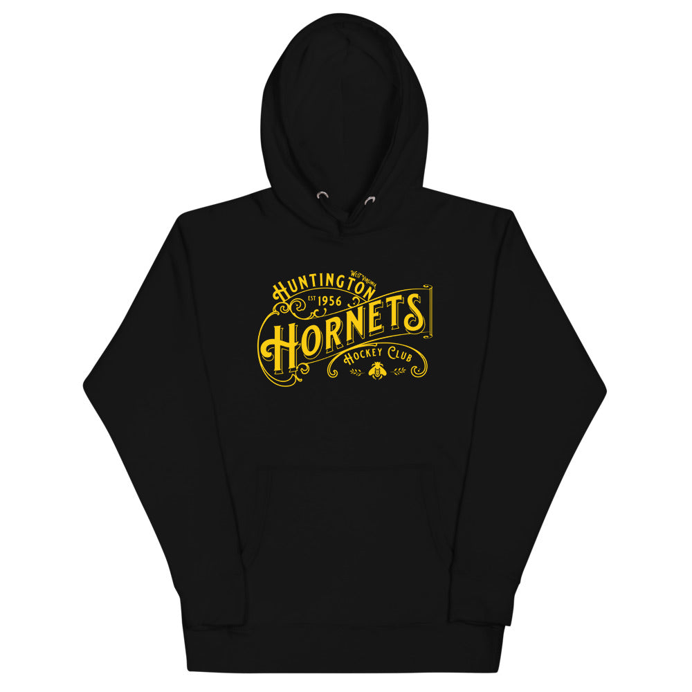 Huntington Hornets Hoodie (Premium) with the gold ornate lettering with a clover on the front, view 4