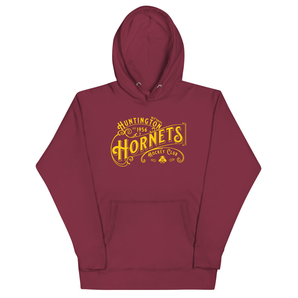 Huntington Hornets Hoodie (Premium) with the gold ornate lettering with a clover on the front, view 3
