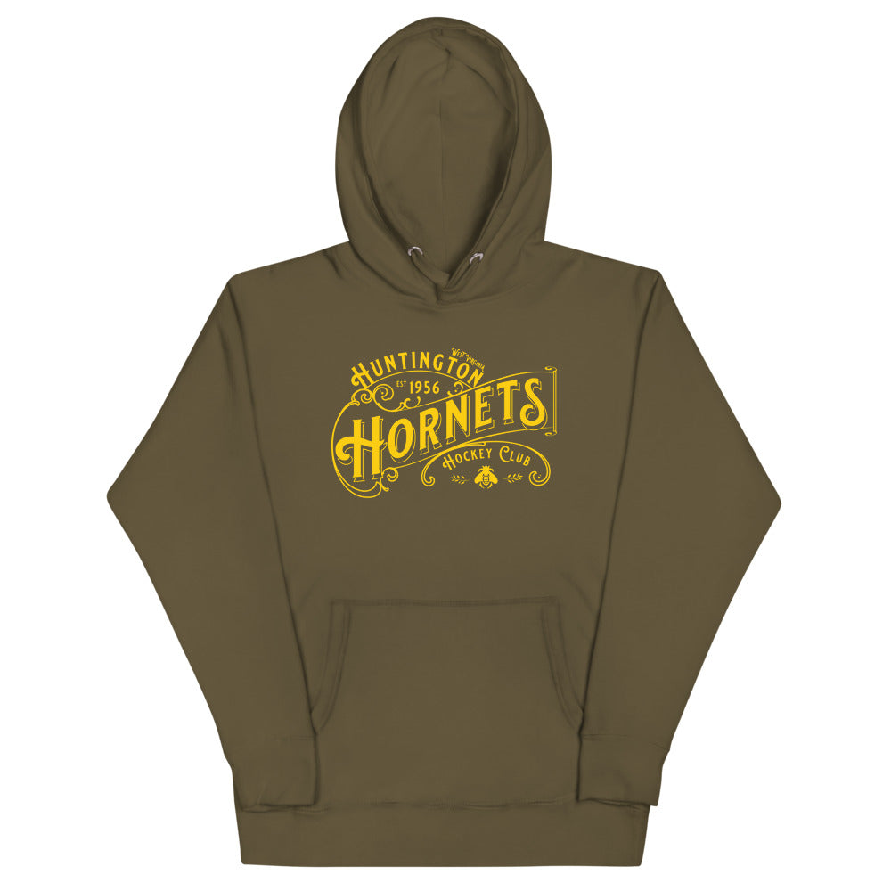 Huntington Hornets Hoodie (Premium) with the gold ornate lettering with a clover on the front, view 2