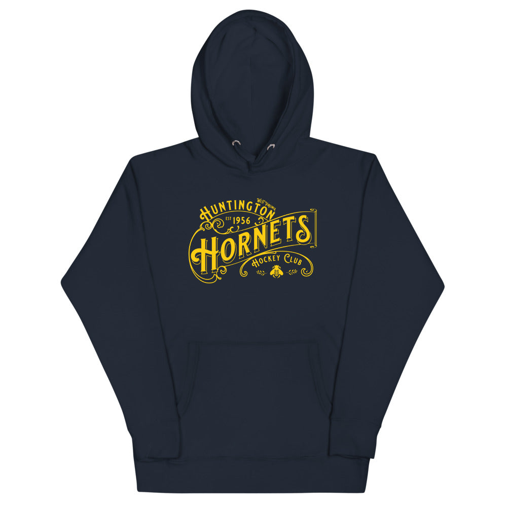 Huntington Hornets Hoodie (Premium) with the gold ornate lettering with a clover on the front, view 5