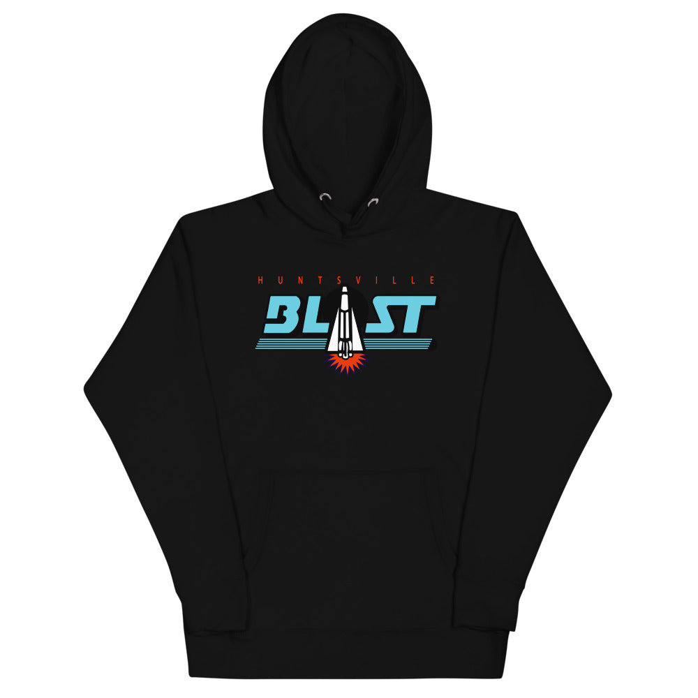 Huntsville Blast Hoodie (Premium) with the teal BLAST lettering with a rocket A on the front