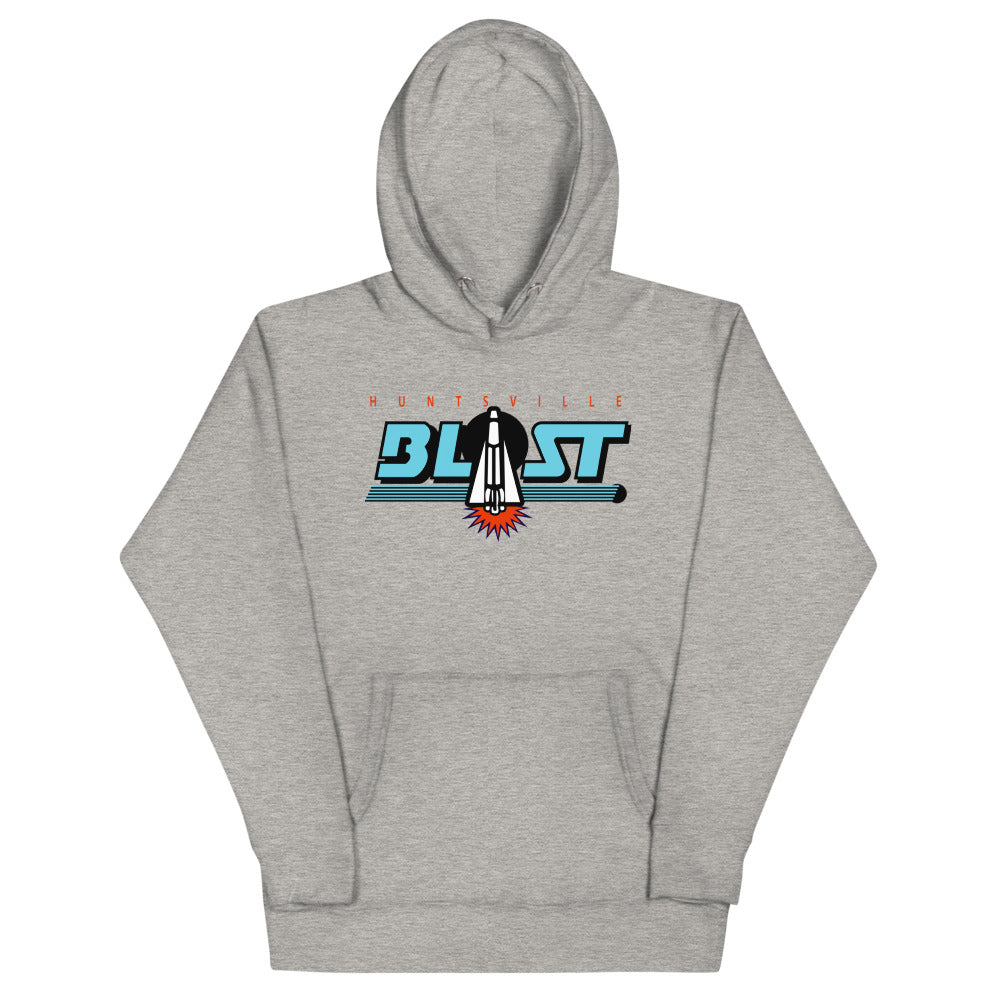 Huntsville Blast Hoodie (Premium) with the teal BLAST lettering with a rocket A on the front, view 4