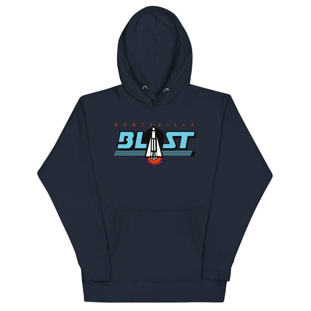 Huntsville Blast Hoodie (Premium) with the teal BLAST lettering with a rocket A on the front, view 2