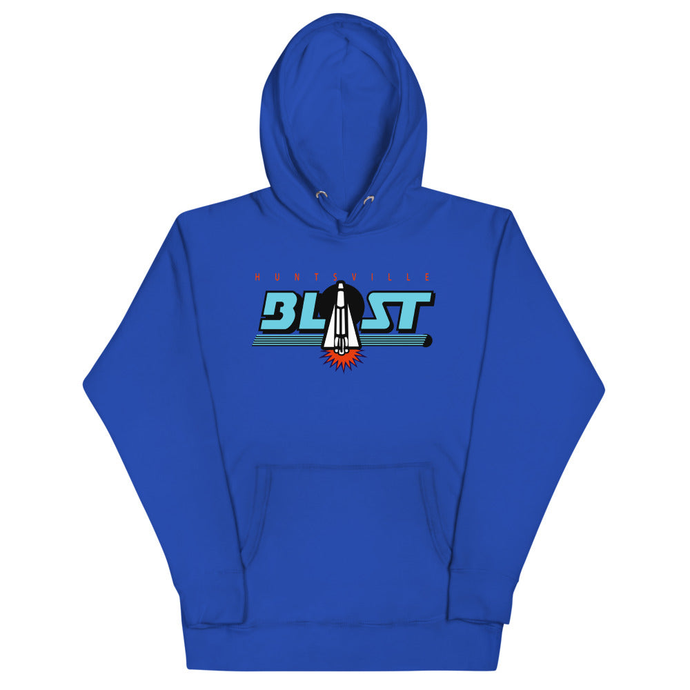 Huntsville Blast Hoodie (Premium) with the teal BLAST lettering with a rocket A on the front, view 3
