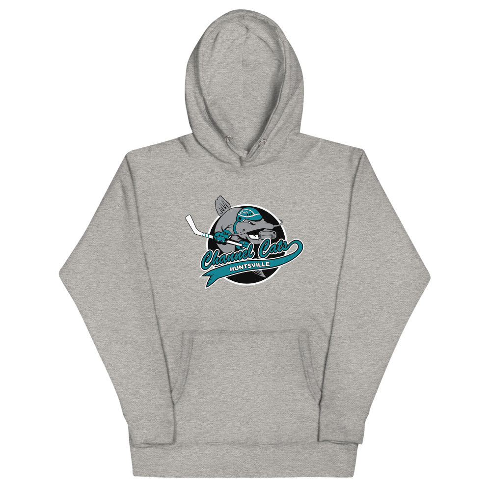Huntsville Channel Cats Hoodie (Premium) with the catfish skater over a teal script banner on the front, view 2