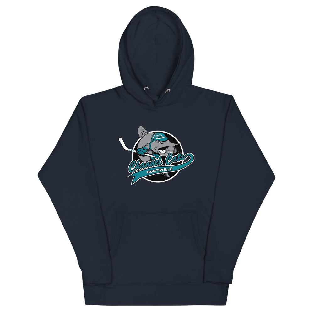 Huntsville Channel Cats Hoodie (Premium) with the catfish skater over a teal script banner on the front