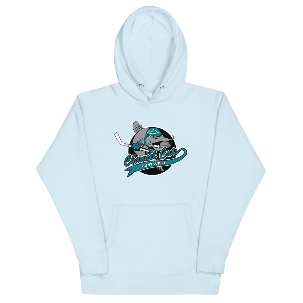 Huntsville Channel Cats Hoodie (Premium) with the catfish skater over a teal script banner on the front, view 3