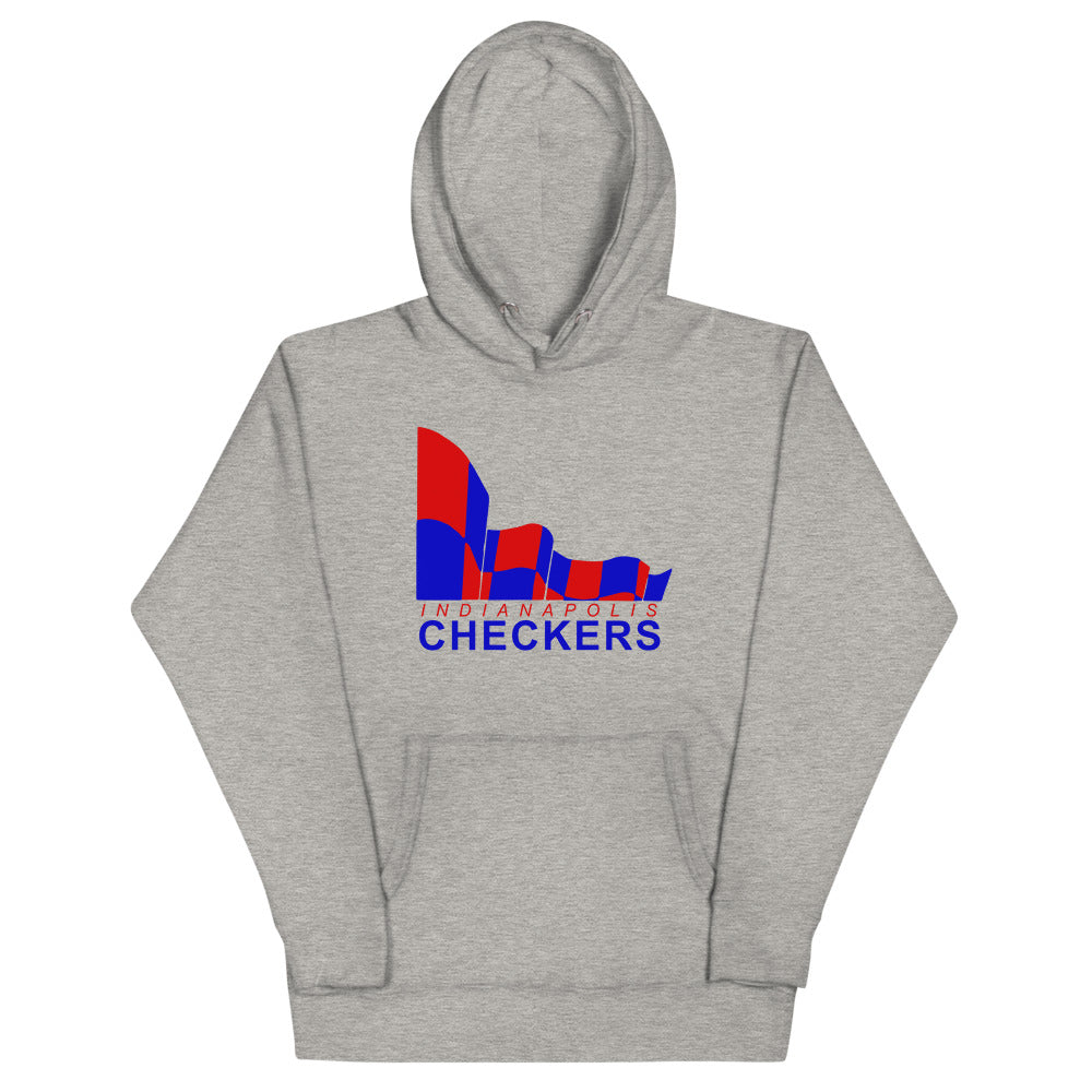 Indianapolis Checkers Hoodie (Premium) with the red and blue checkered blocks over lettering on the front